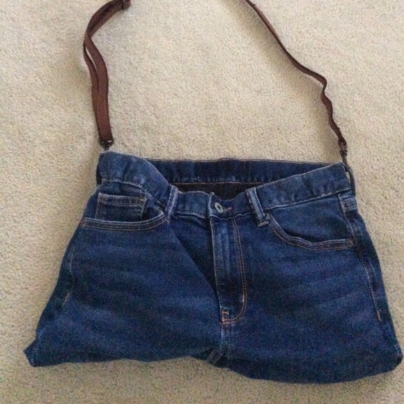 Handmade Blue Jean Purse Lined Denim with pockets  Leather shoulder strap unique - Picture 1 of 5